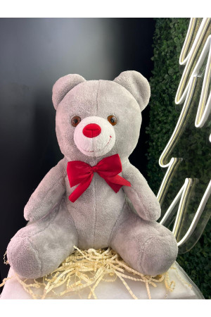 Gri Peluş Ayı – Kırmızı Papyonlu Sevimli Hediye