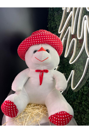 Beyaz Peluş Ayı – Kırmızı Puantiyeli Şapkalı Sevimli Hediye