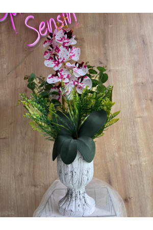 Beyaz Ayaklı Saksıda Pembe Beyaz Alacalı Yapay Orkide