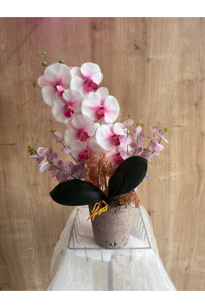 Pembe Detaylı Beyaz Yapay Orkide Saksıda